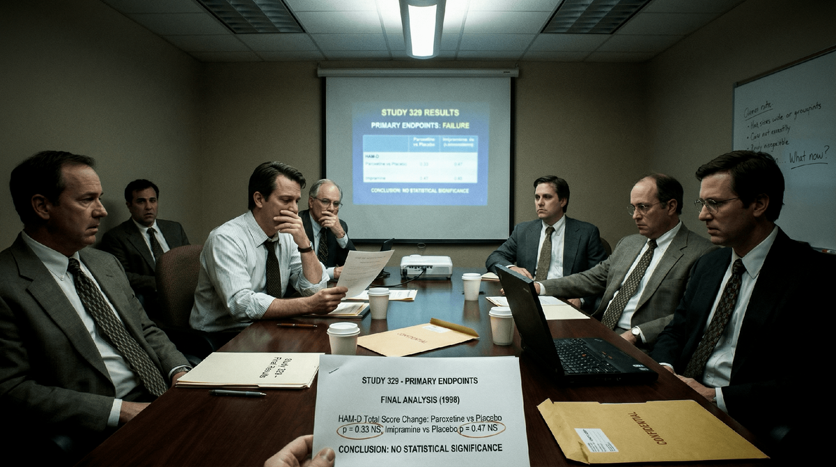 Художественная реконструкция:  момент раскрытия результатов Исследования 329, 1998 год. Статистики сообщают топ-менеджерам GSK: пароксетин провалился по всем первичным показателям.
Это был последний момент, когда можно было выбрать правду.