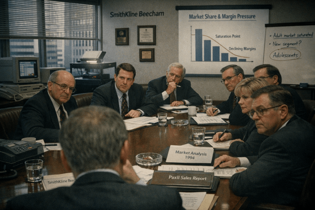 Художественная реконструкция:
корпоративное совещание в штаб-квартире SmithKline Beecham, 1994 год.
Именно на таких встречах принималось решение о запуске Исследования 329 —
ключа к рынку детской психиатрии.