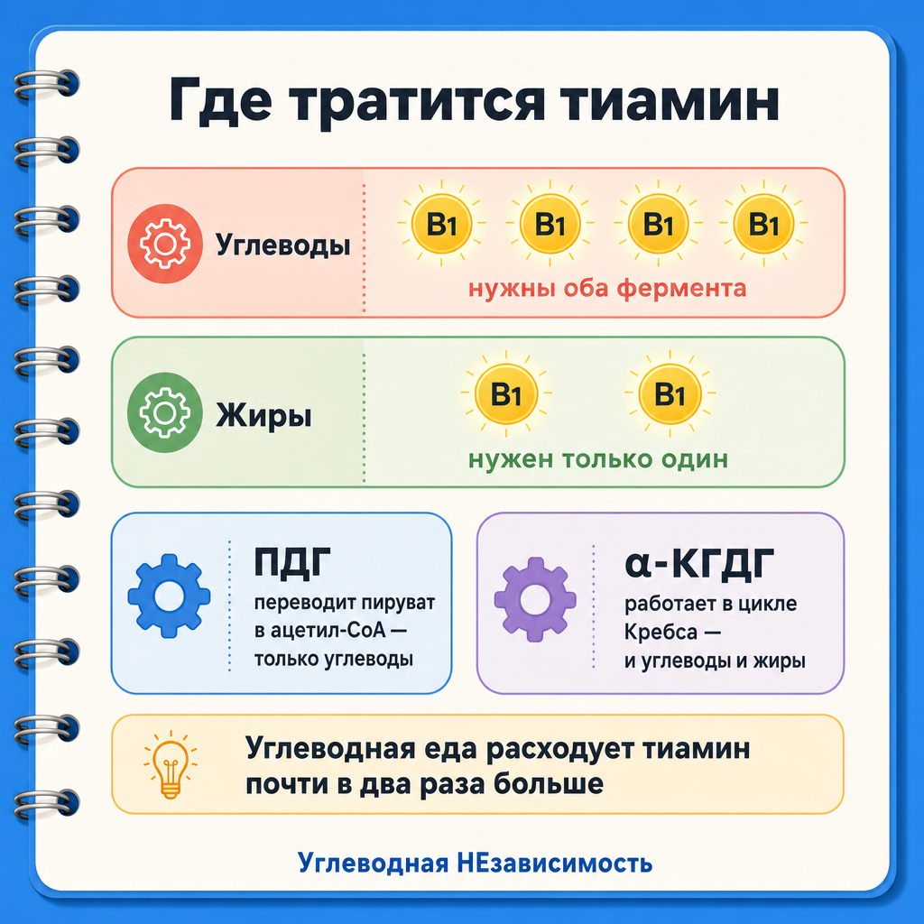 Тиамин нужен ПДГ и α-КГДГ; углеводная еда расходует его почти вдвое больше