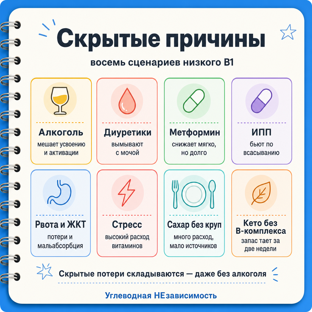 Восемь скрытых сценариев дефицита B1: алкоголь, диуретики, метформин, ингибиторы протонной помпы, ЖКТ-потери, стресс, сахар без круп, кето без B-комплекса