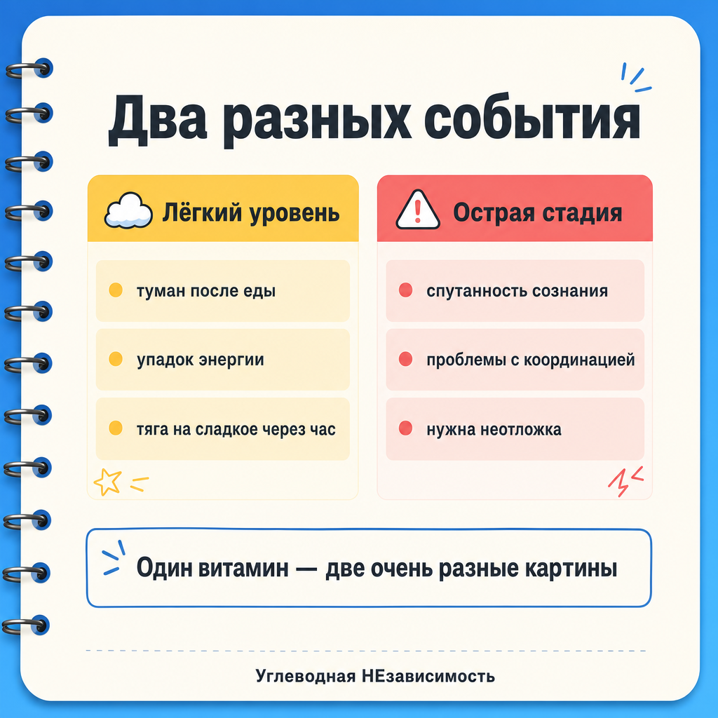 Лёгкий уровень — туман и упадок энергии; острая стадия — спутанность сознания и срочная помощь