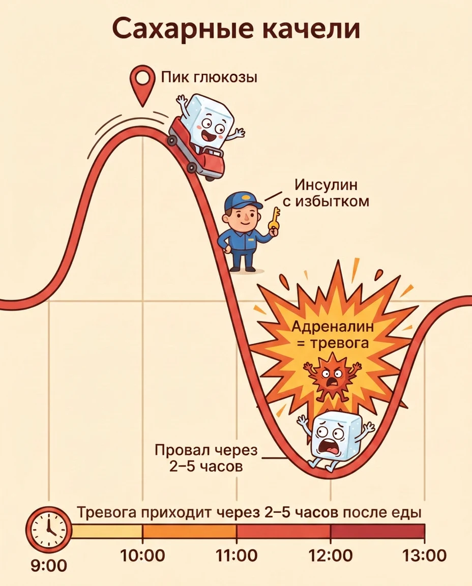Сахарные качели во времени: пик, провал через 2–5 часов и вспышка адреналина