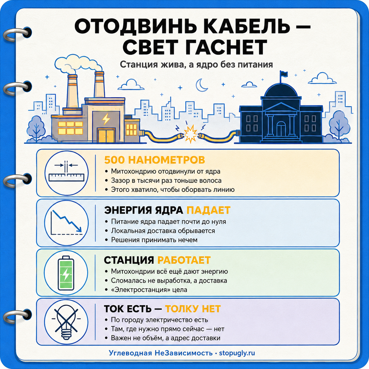 Отодвинь кабель — свет гаснет: при сдвиге митохондрии на 500 нм энергия ядра падает почти до нуля, хотя сами митохондрии продолжают её производить